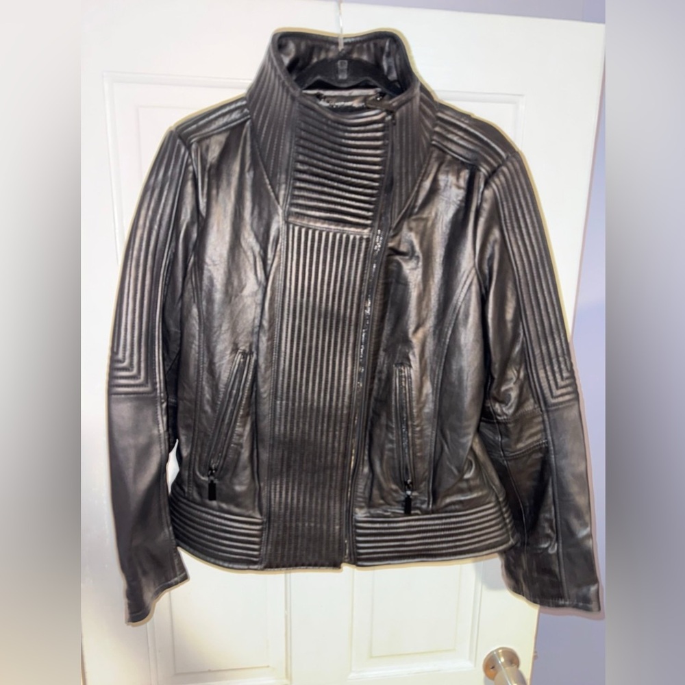 Vince Camuto Black Quilted-Panel Leather Jacket